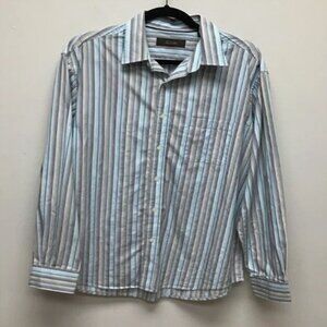 Tasso Elba Mens Button Front Shirt Multicolor Blue Stripe Long Sleeve Pocket L